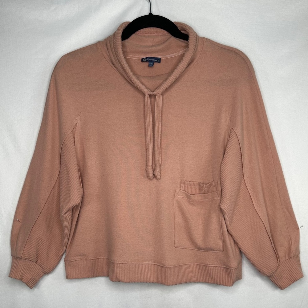 Democracy Cowl Neck Drawstring Patch  Pocket Pullover Top Pink Blush‎ Sz PXL